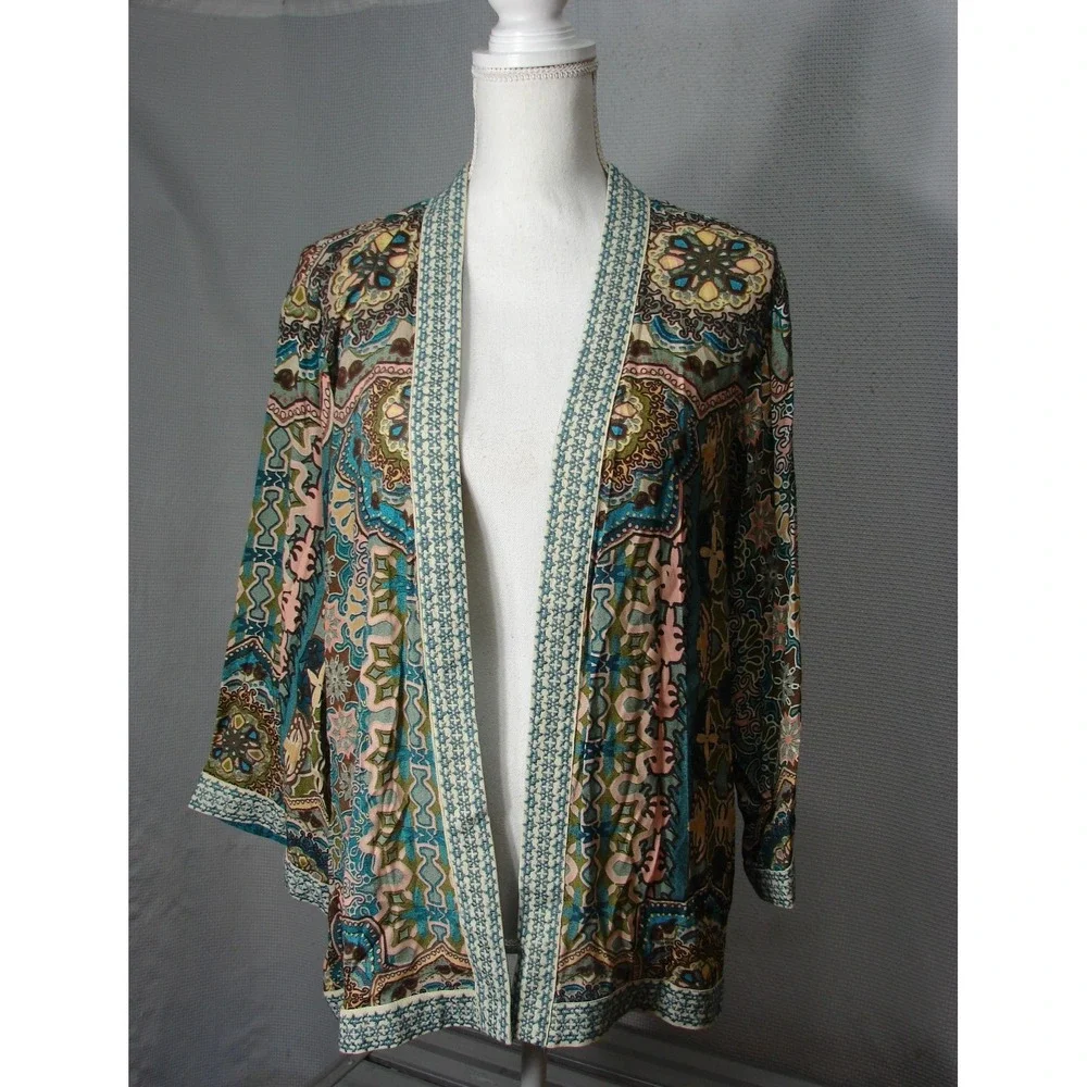 John Mark Floral Embroidered Trim Open Front Kimono Jacket Topper Teal Brown M